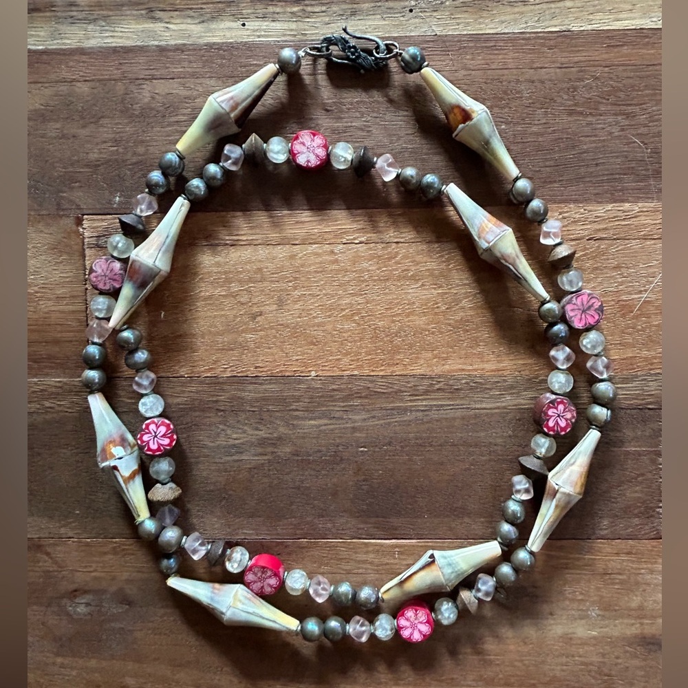 Polymer clay pearls crystals shells long necklace by Barbara Hansen